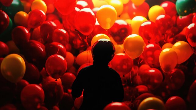 A silhouette of a child surrounded by vibrant red and yellow balloons, creating a joyful and festive atmosphere.