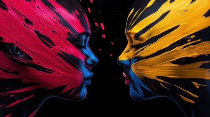 A vibrant artistic portrait showcasing two faces in colorful paint, embodying creativity and expression in a striking way.