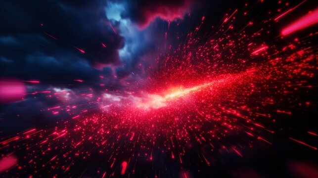 A vibrant digital explosion of red light, capturing the intensity and energy of cosmic elements in a dynamic abstract style.
