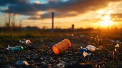 Obraz premium A vibrant sunset casts light on a discarded plastic cup amid litter, highlighting environmental issues and pollution in nature.