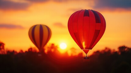 Obraz premium Colorful hot air balloons float gracefully in the sky during a beautiful sunset, creating a picturesque and serene scene.