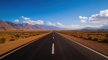 Endless road stretching into the horizon, flanked by vast desert and majestic mountains under a bright blue sky.