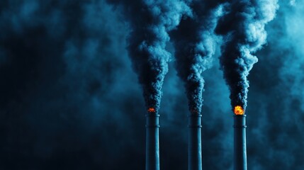 Industrial smoke stacks emitting dark smoke against a blue backdrop. Pollution and environmental concerns highlighted.