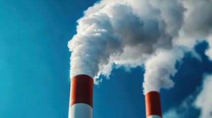 Industrial smokestacks releasing white smoke against a clear blue sky, representing pollution and environmental impact.