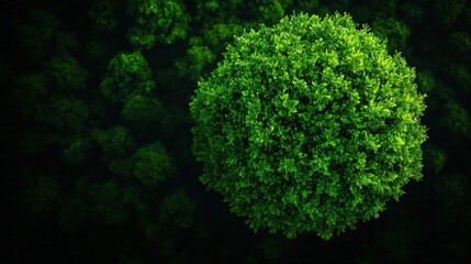 Lush green tree top viewed from above, showcasing vibrant foliage against a dark background, ideal for nature and environmental themes.
