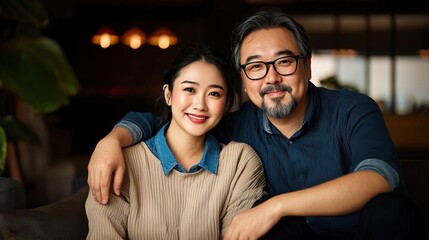 Fototapeta premium An Asian couple in their thirties sitting on the couch, happy and smiling at the camera, with a modern living room background