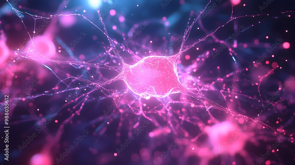 Poster abstract representation of a neuron with a pink glow and connecting lines