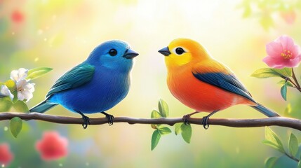 Obraz premium Two colorful birds sitting on a branch, surrounded by soft flowers and a blurred, vibrant background.