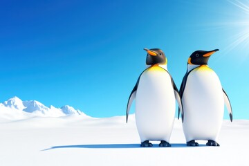 Fototapeta premium Two penguins standing together in a snowy landscape under a clear blue sky.