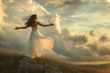 A woman in a white dress stands on a hill embracing the breeze at sunset, expressing pure joy and emotional liberation