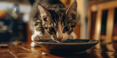 Close-up view of a cat nudging an object off a surface.