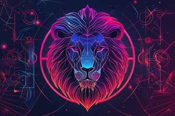 Leo zodiac sign artwork featuring abstract lion with cosmic geometry design. AI