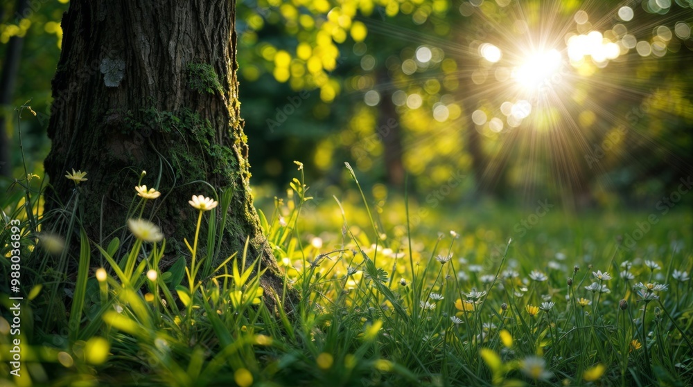 Poster sunlight streams through a moss-covered tree trunk and a field of wildflowers, creating a serene and