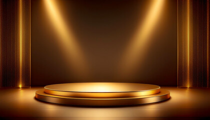 Product display presentation on luxury gold empty podium stand with shiny particles glamor to showcase stage advertising for cosmetics and beauty. Shining scene. Beautiful background. Generative AI