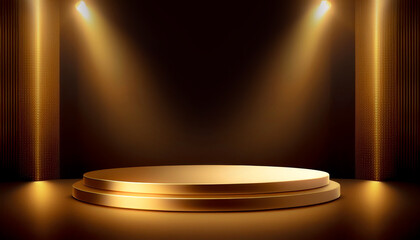 Product display presentation on luxury gold empty podium stand with shiny particles glamor to showcase stage advertising for cosmetics and beauty. Shining scene. Beautiful background. Generative AI