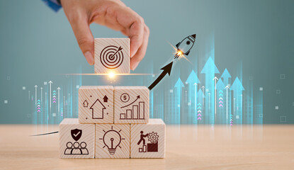 Rocket launch on wood cube, business investment icon. Leadership creativity on new projects to wealth. Potential start-up progress concept. Big success idea, goal management, company strategy target