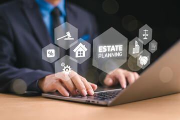 Real estate planning concept. Succession business home insurance service, property law protection. Tax investment, houses distribution. Man use computer on invest icon, analyze mortgage loan solution