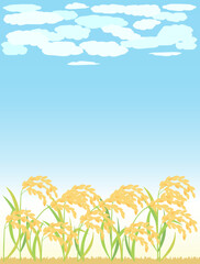 Obraz premium 青空と稲・稲穂の秋の背景イラスト 縦型バージョン