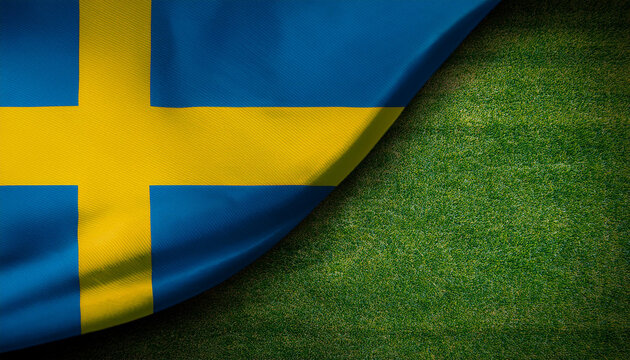 waving Sweden flag, on top of football field background, Sweden soccer team