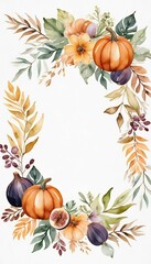 bouquet illustration colorful fig frame flora pumpkin tropical dding festive watercolor wreath harvest stationery card autumn thanksgiving vegetable arrangement fall fall boho fruit greeting
