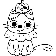 Cute cartoon cat ghost zombie illustration for Halloween coloring book