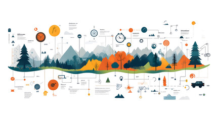 A vibrant landscape infographic depicting nature elements, mountains, forests, and adventure icons for outdoor enthusiasts.