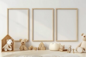 Three empty vertical wooden picture frames mockup on a nursery wall. Blank frames template in a children's room interior with toys.