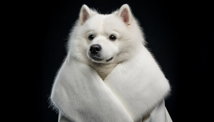 Dog in white coat, puppy, cute, warm, scarf, fluffy, luxury, black background