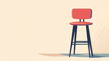Modern Minimalist Red Bar Stool Chair - Contemporary 2D Flat Vector Illustration with Geometric Shapes and Pastel Colors on Transparent Background