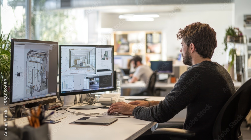 Poster architect in startup environment, working in a modern, open office space with a dynamic atmosphere, 