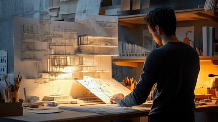Architect in a creative studio, surrounded by sketches, blueprints, and models, working in an environment that exudes innovation, creativity, and artistic energy.