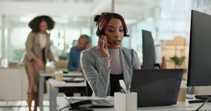 Call center, feedback and laptop with woman agent in customer support office for assistance or help. Contact us, headset and service with virtual helpdesk employee in workplace for lead generation
