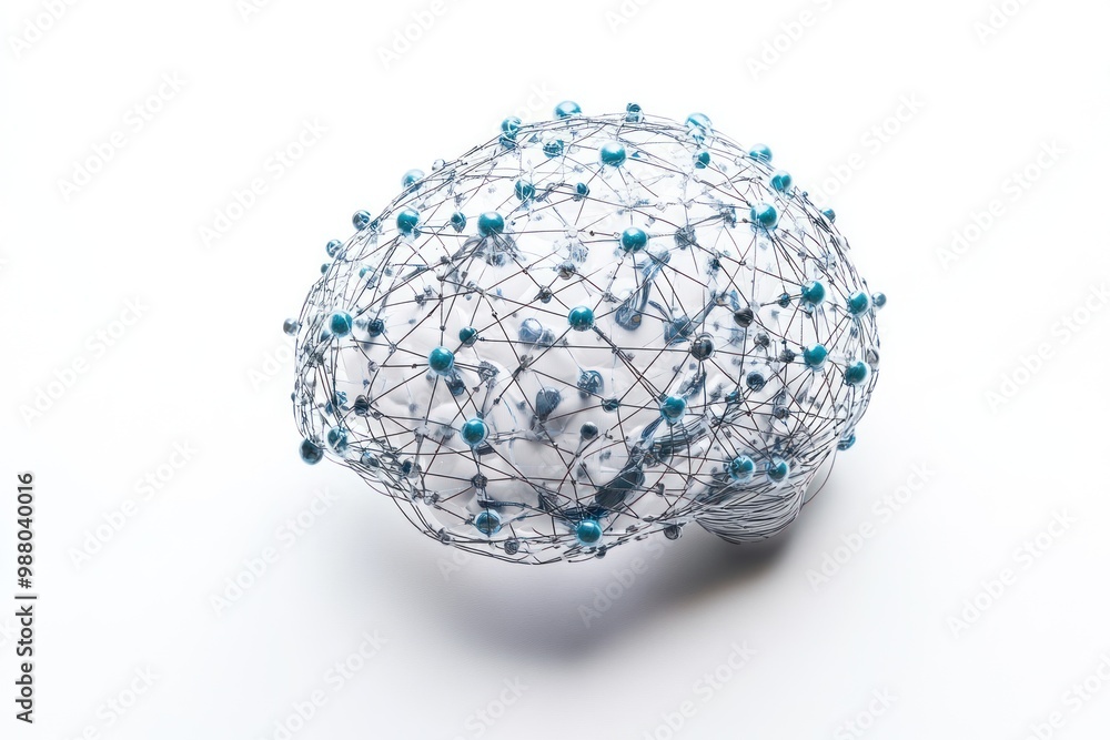 Poster brain with neural network on solid white background, single object