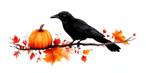 Fototapeta premium A captivating black raven perched on a branch with an orange pumpkin and autumn leaves, perfect for Halloween-themed designs.