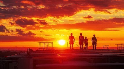 Naklejka premium Construction workers at sunset silhouette, with the workers framed against the glowing horizon, symbolizing dedication and the close of a productive day.