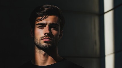 Obraz premium Cool man in minimalist portrait, with a simple and clean composition, focusing on his calm demeanor and refined style.
