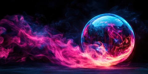 Obraz premium A vibrant, mystical bubble surrounded by colorful smoke, evoking a sense of wonder and creativity in a dark atmosphere.