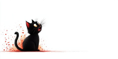 A whimsical cartoon cat with a surprised expression, surrounded by splashes of color, perfect for playful and spooky themes.