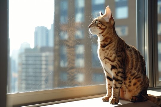 Serene ocicat cat sitting by a sunlit window in urban setting AI