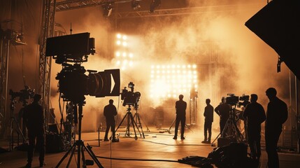 Fototapeta premium Filming studio in action, capturing the dynamic atmosphere of a live shoot, with crew members working, actors performing, and equipment in use, highlighting the energy of production.