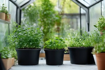 Fototapeta premium Growing garden in a greenhouse with potted plants on solid white background, single object