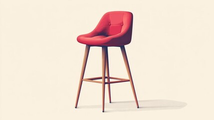Modern Minimalist 2D Vector Red Bar Stool Chair Illustration with Pastel Accents on Transparent Background