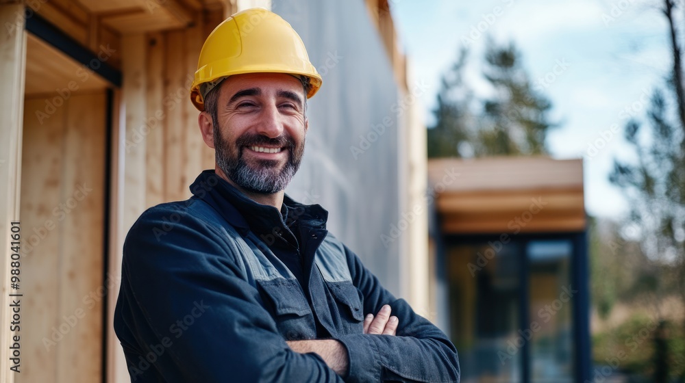 Poster happy engineer man in modular construction, working on prefabricated building components, with a foc
