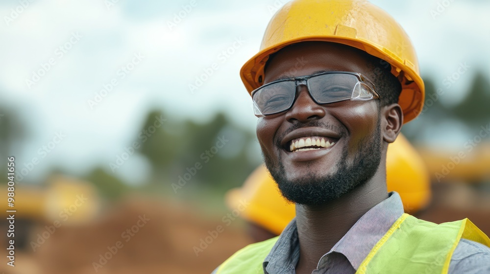 Poster happy engineer man leading community development projects, engaged in designing or implementing infr