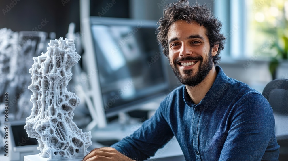 Poster happy engineer man with 3d model, proudly displaying a detailed 3d-printed prototype, set in a high-