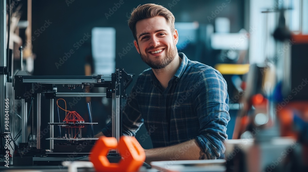 Poster happy engineer man with 3d model, proudly displaying a detailed 3d-printed prototype, set in a high-