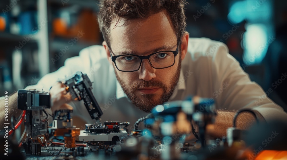 Poster happy engineer man with robotics project, actively engaging with robotic components, showcasing exci