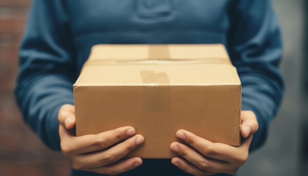 A close-up of hands holding a brown cardboard box, ready for shipping or delivery