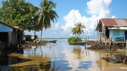 Impacts of climate change on small islands, showcasing the vulnerability of island communities to rising sea levels, extreme weather, and erosion, 