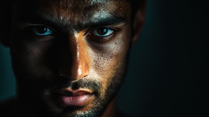 Man portrait with creative composition, using unconventional angles, framing, or lighting techniques to create a visually unique and engaging image.